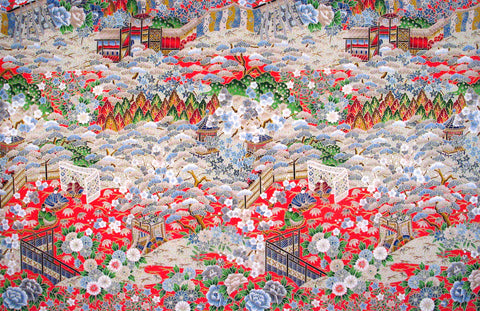 Sougara Yuzen Frame-able Art Scene Genji Palace Gardens on Red and Beige KP-175