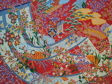 Sougara Yuzen Frame-able Art Scene Long Noren Floral on Red